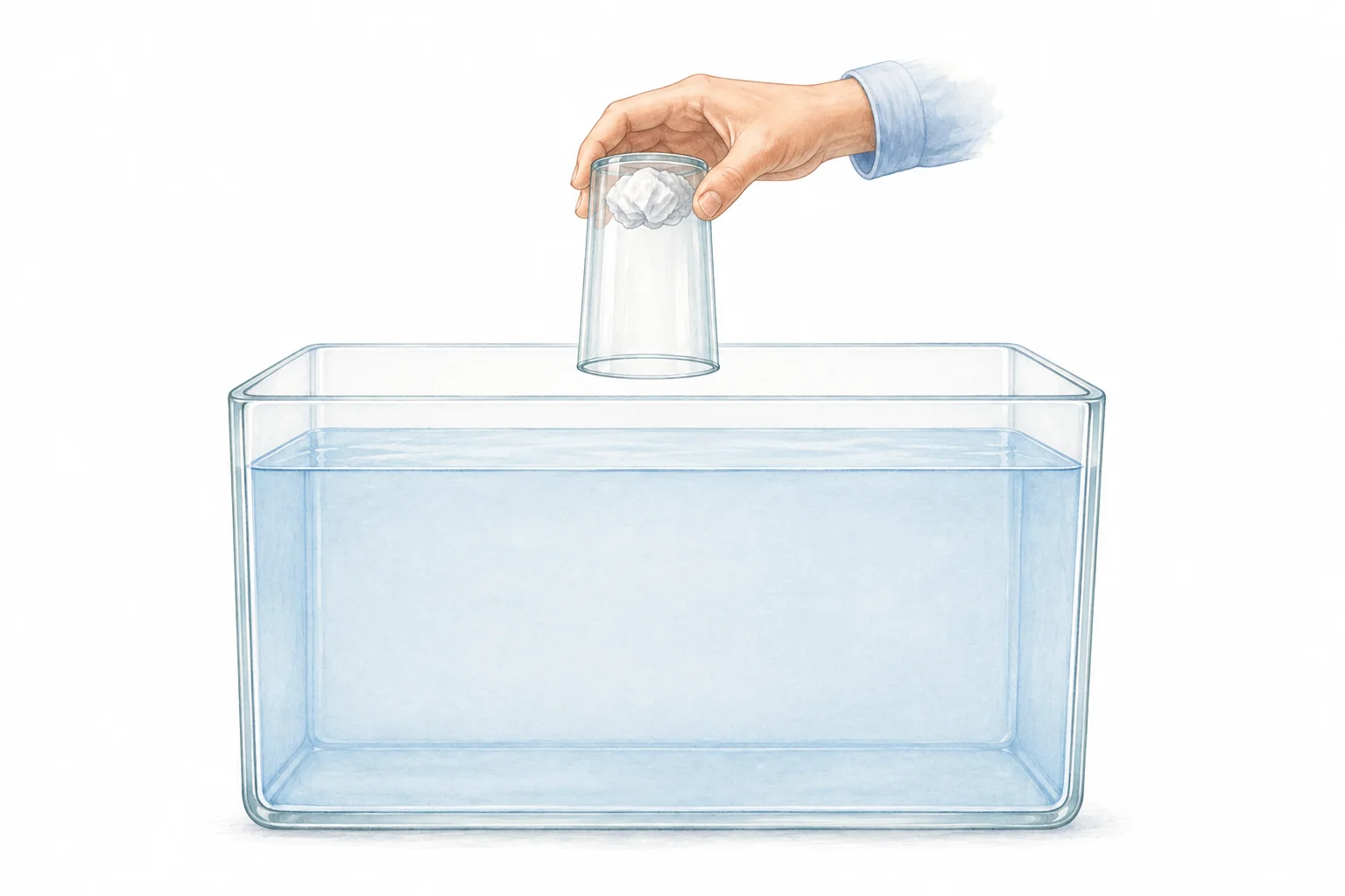 Un verre transparent incassable retourné, avec un morceau de papier coincé au fond intérieur, au-dessus d’un bac d’eau.