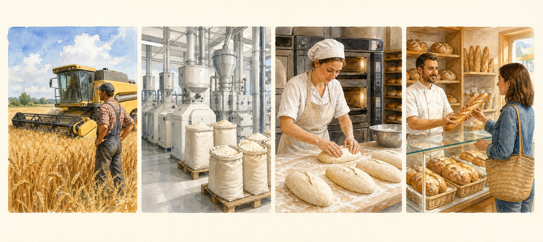 Quatre illustrations : récolte du blé, mouture au moulin, fabrication du pain et achat en boulangerie.