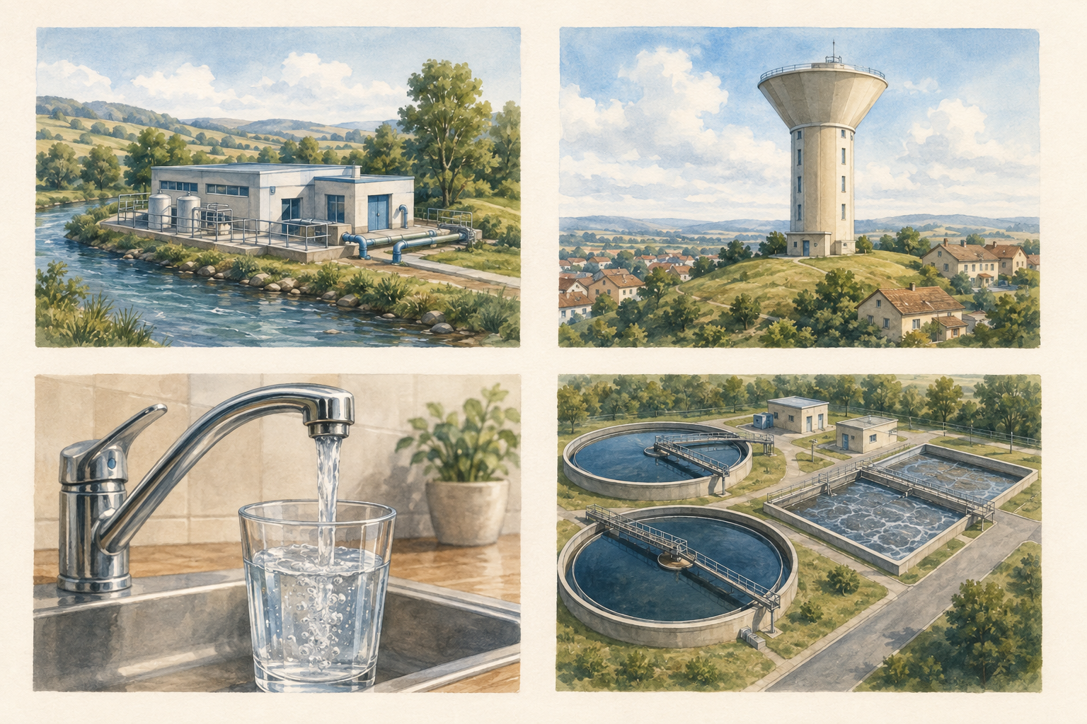 Quatre illustrations : usine de production d’eau potable, château d’eau, robinet et station d’épuration des eaux usées.