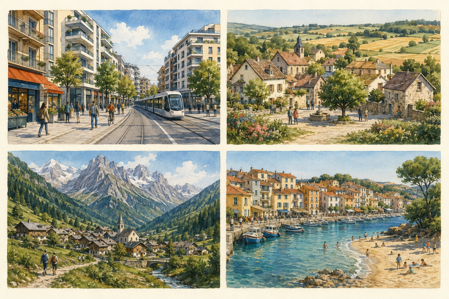 Quatre paysages habités : ville, campagne, montagne et littoral.