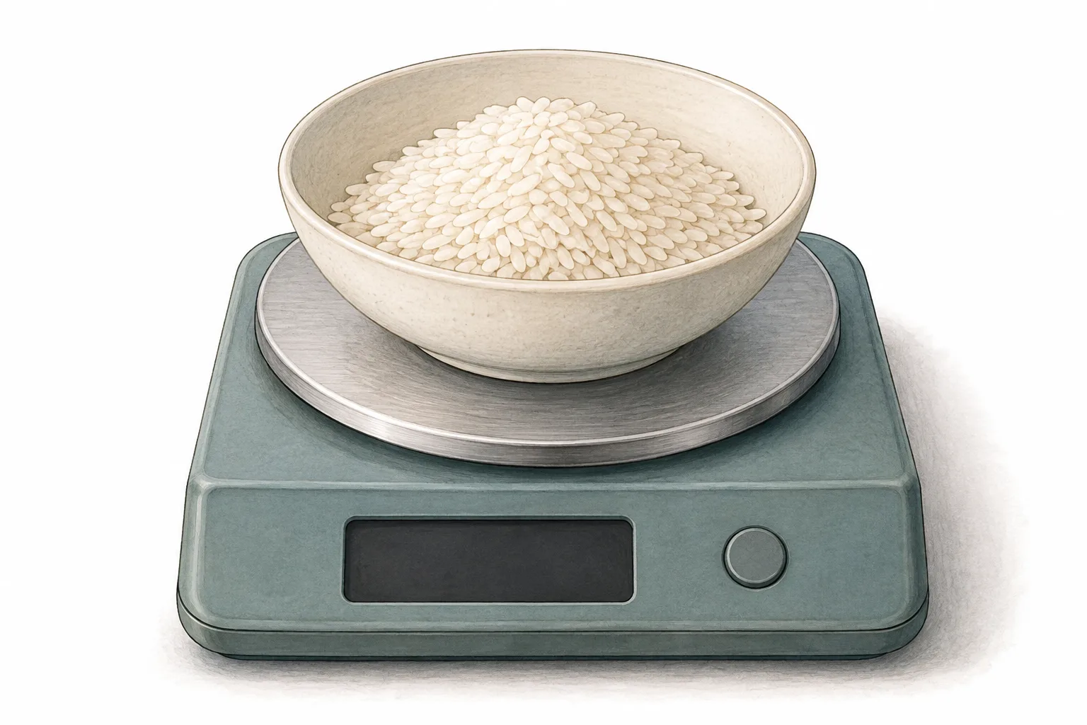Récipient avec du riz sur une balance.