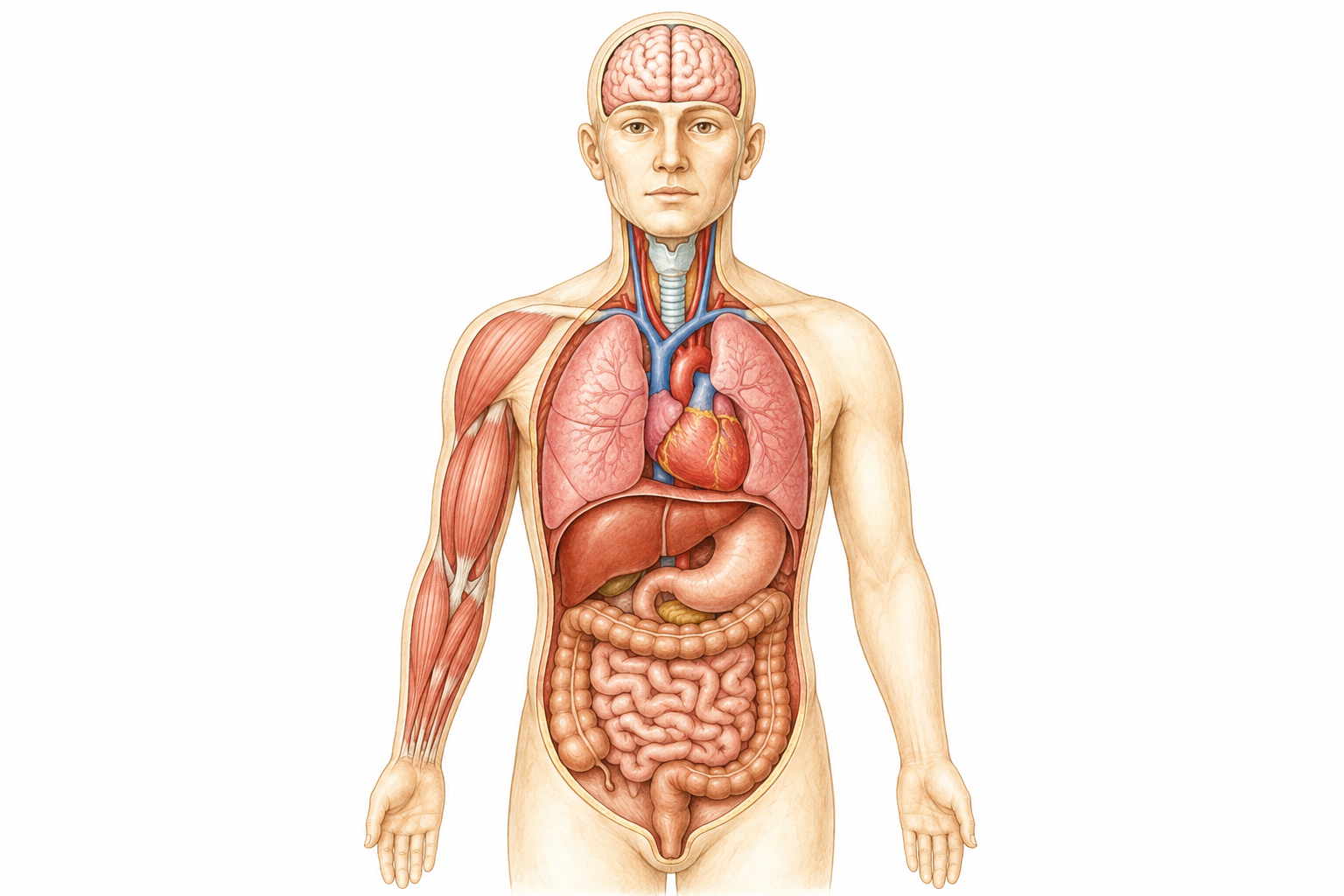 Modèle anatomique vu de face. Le cerveau est dans la tête, les poumons dans le thorax, le cœur entre les poumons, l’estomac et les intestins dans l’abdomen. Des muscles sont visibles dans le bras à gauche du dessin.