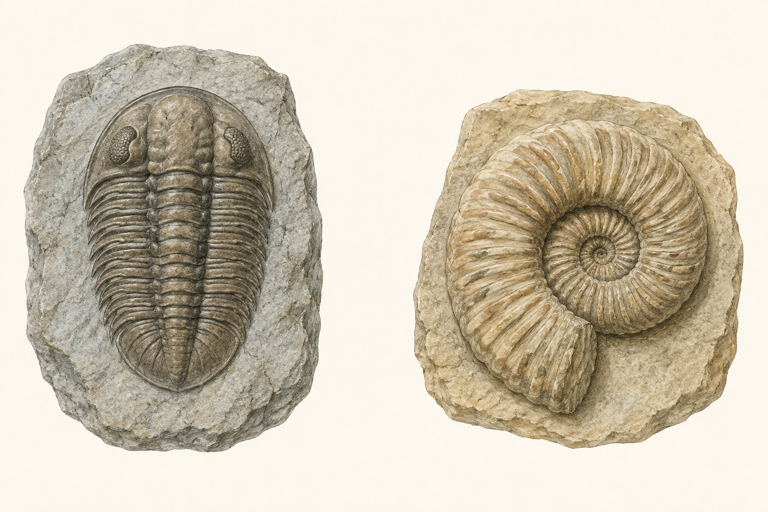 À gauche, un trilobite segmenté à trois lobes ; à droite, une coquille d’ammonite enroulée et côtelée.