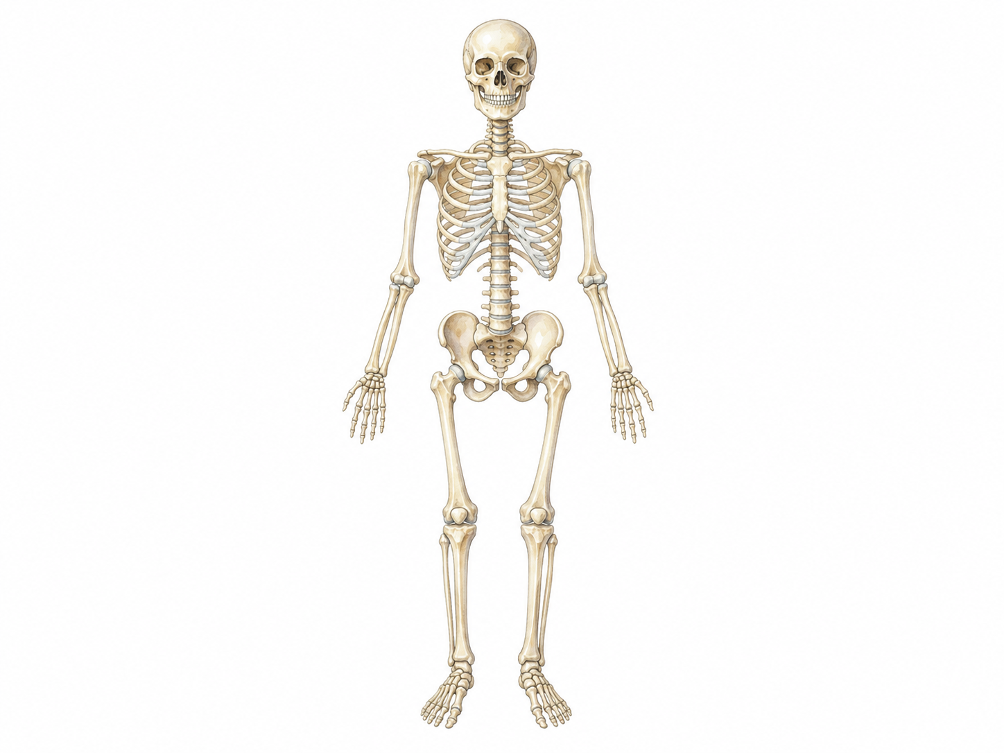 Illustration du squelette humain vu de face : os et articulations