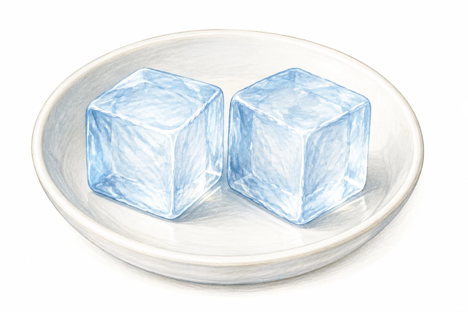 Une coupelle blanche peu profonde avec deux glaçons.