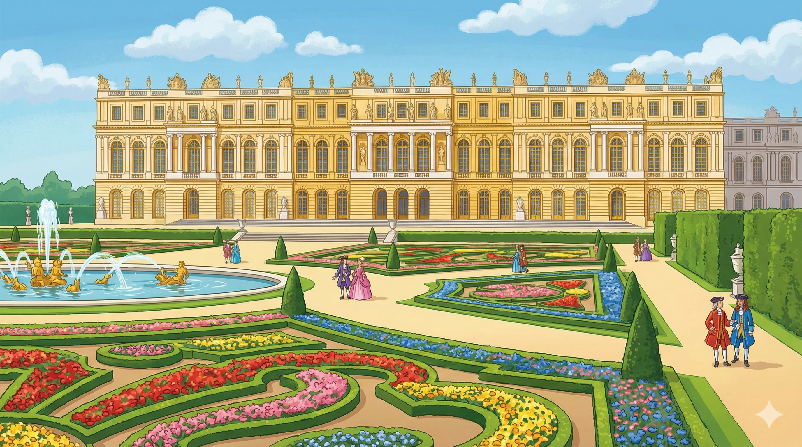 Évocation du château de Versailles et de ses jardins.