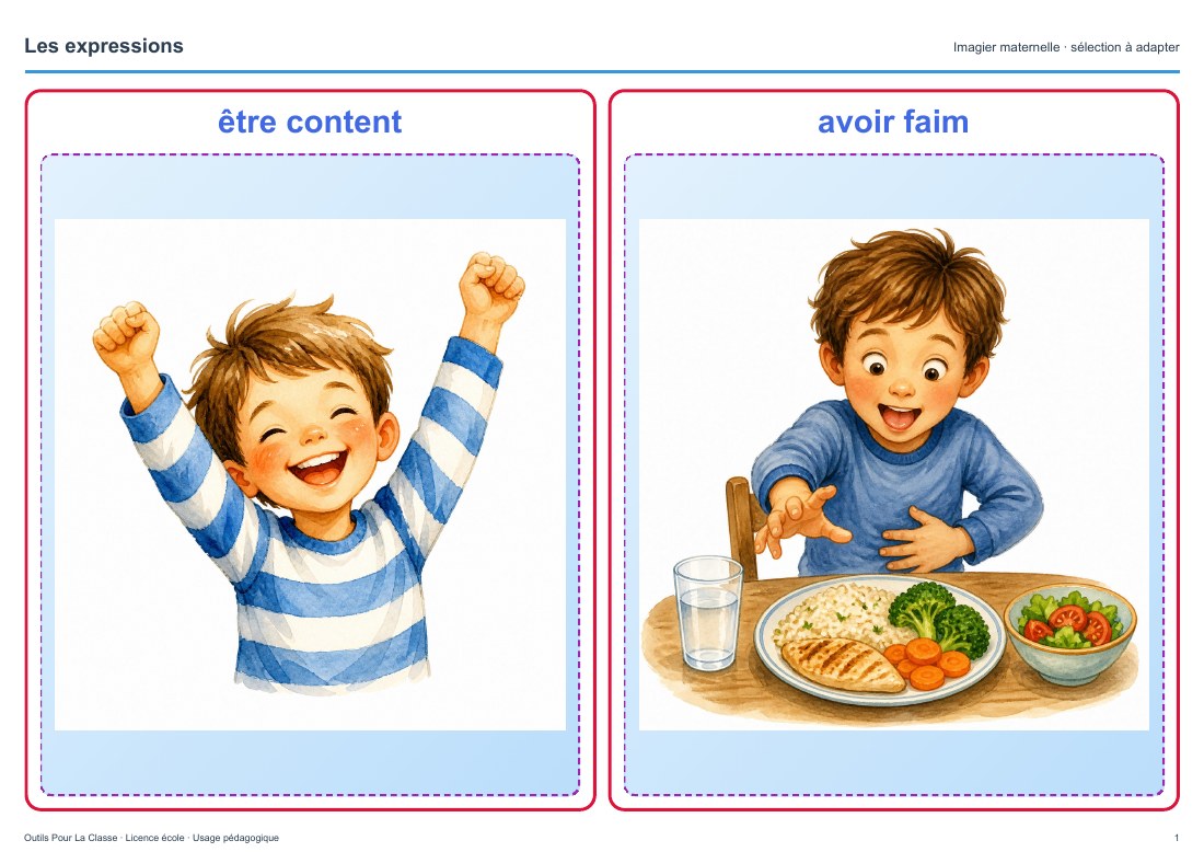 Aperçu du grand imagier : deux cartes image et mot par page